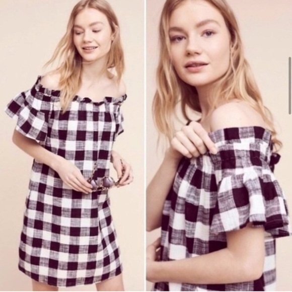 Corey Lynn Calter Off Shoulder Gingham Dress L | Anthropologie Linen Blend Dress - Picture 1 of 8